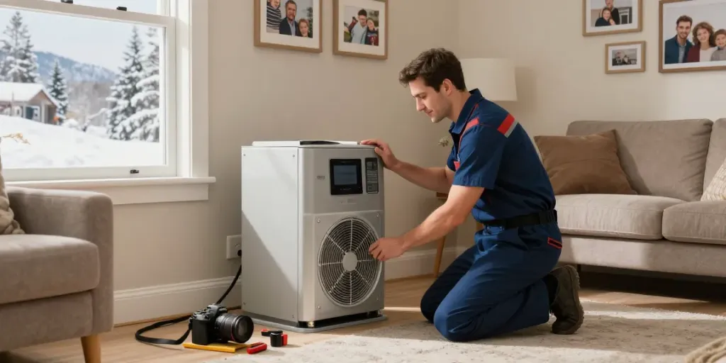 Furnace Install Calgary with technician installing modern furnace in cozy living room.